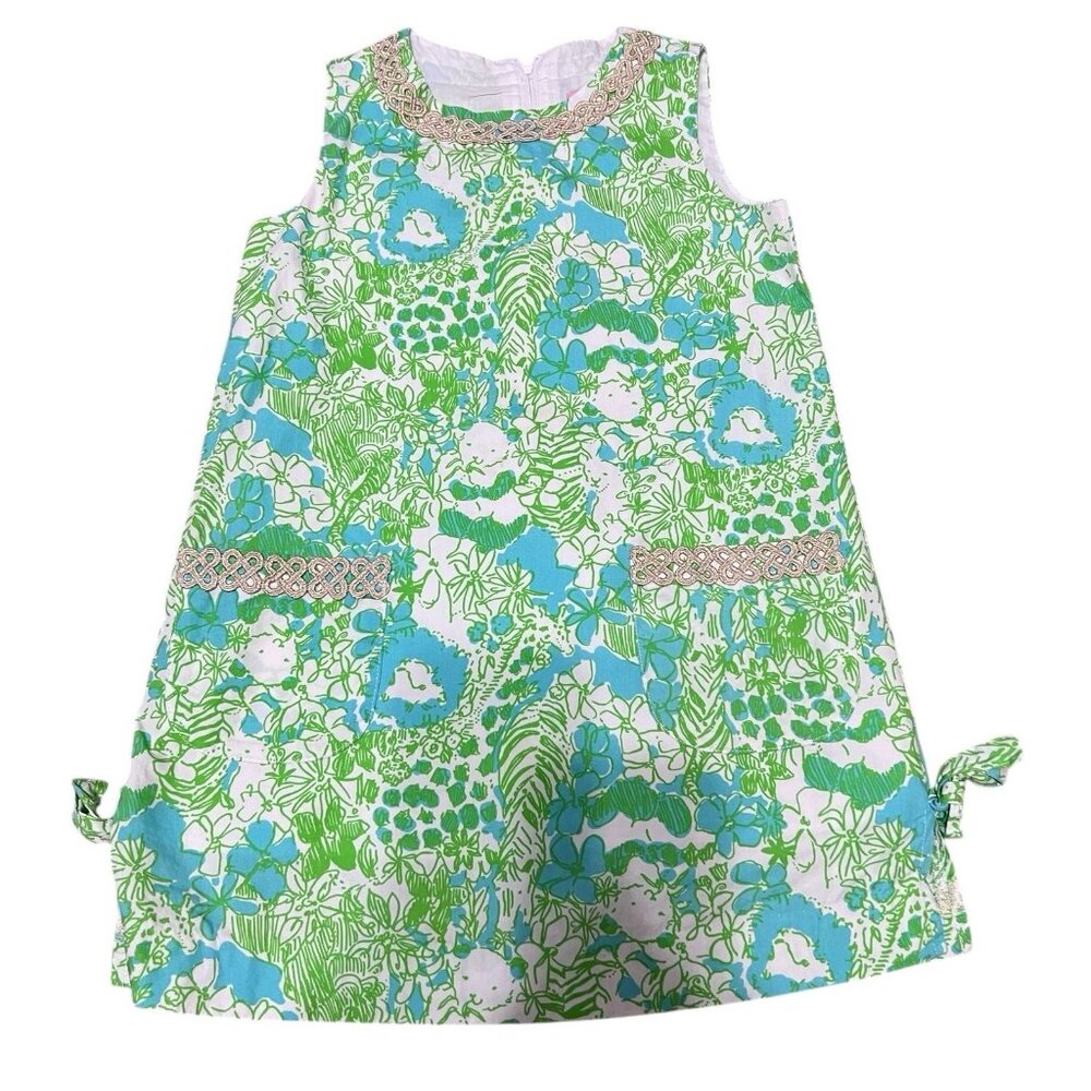 Lilly Pulitzer It's a Zoo Shift Dress Girl’s Size 7 Green Blue Sleeveless Ruffle